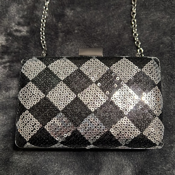 NWOT BCBGeneration Cocktail Purse. Black & Silver sequins with 24” strap. - Picture 4 of 7
